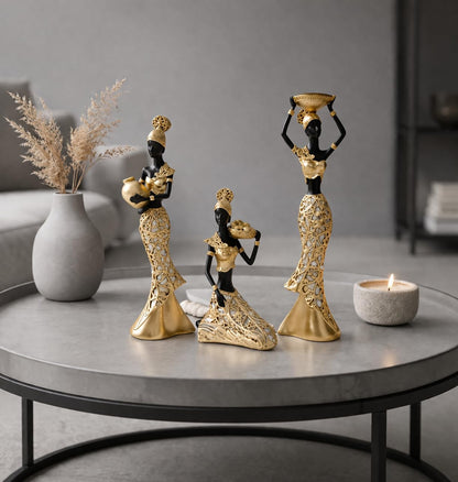 Vibrant Beautiful Finish Uniquely Hand Crafted Home Decor African Tribal Women Art Piece (African Lady Working Set of 3)