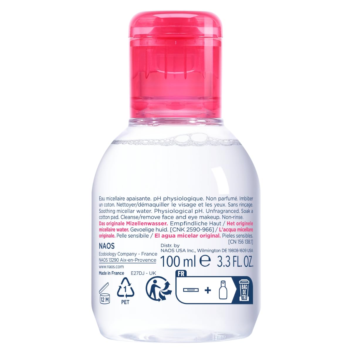 Bottle of NAOS micellar water with a pink cap on a white background