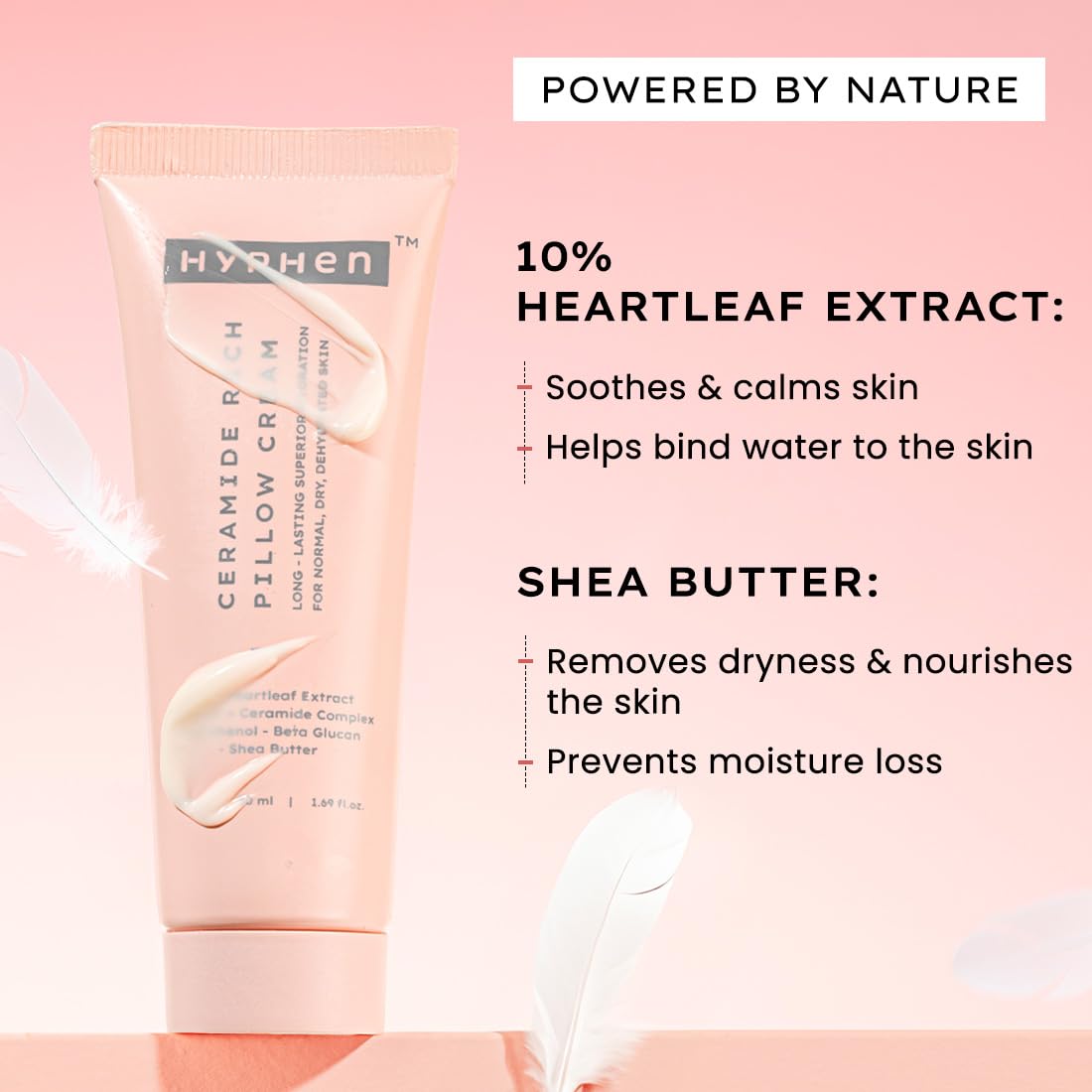 Ceramide Rich Pillow Cream packaging with heartleaf extract and shea butter information on a pink background