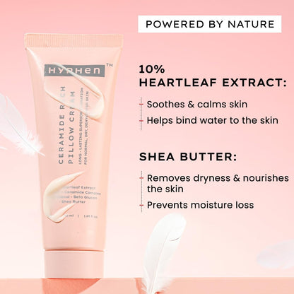 Ceramide Rich Pillow Cream packaging with heartleaf extract and shea butter information on a pink background