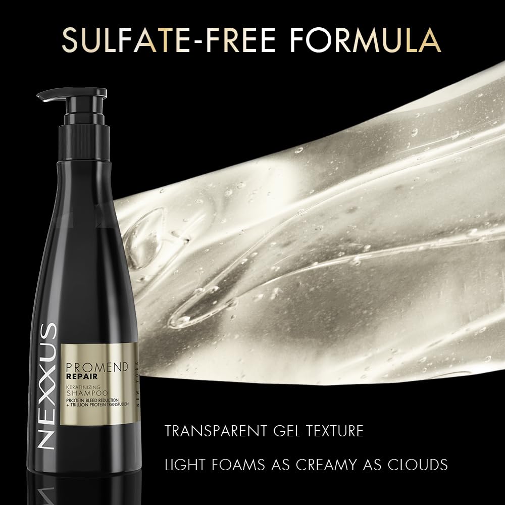 Nexxus shampoo bottle with text highlighting sulfate-free formula and transparent gel texture.