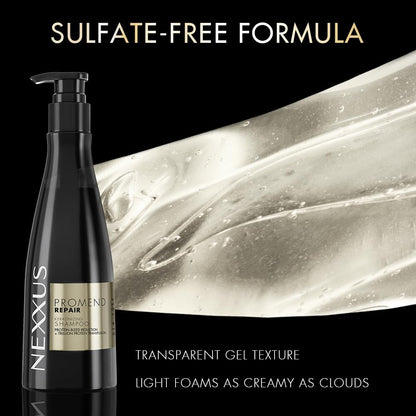 Nexxus shampoo bottle with text highlighting sulfate-free formula and transparent gel texture.