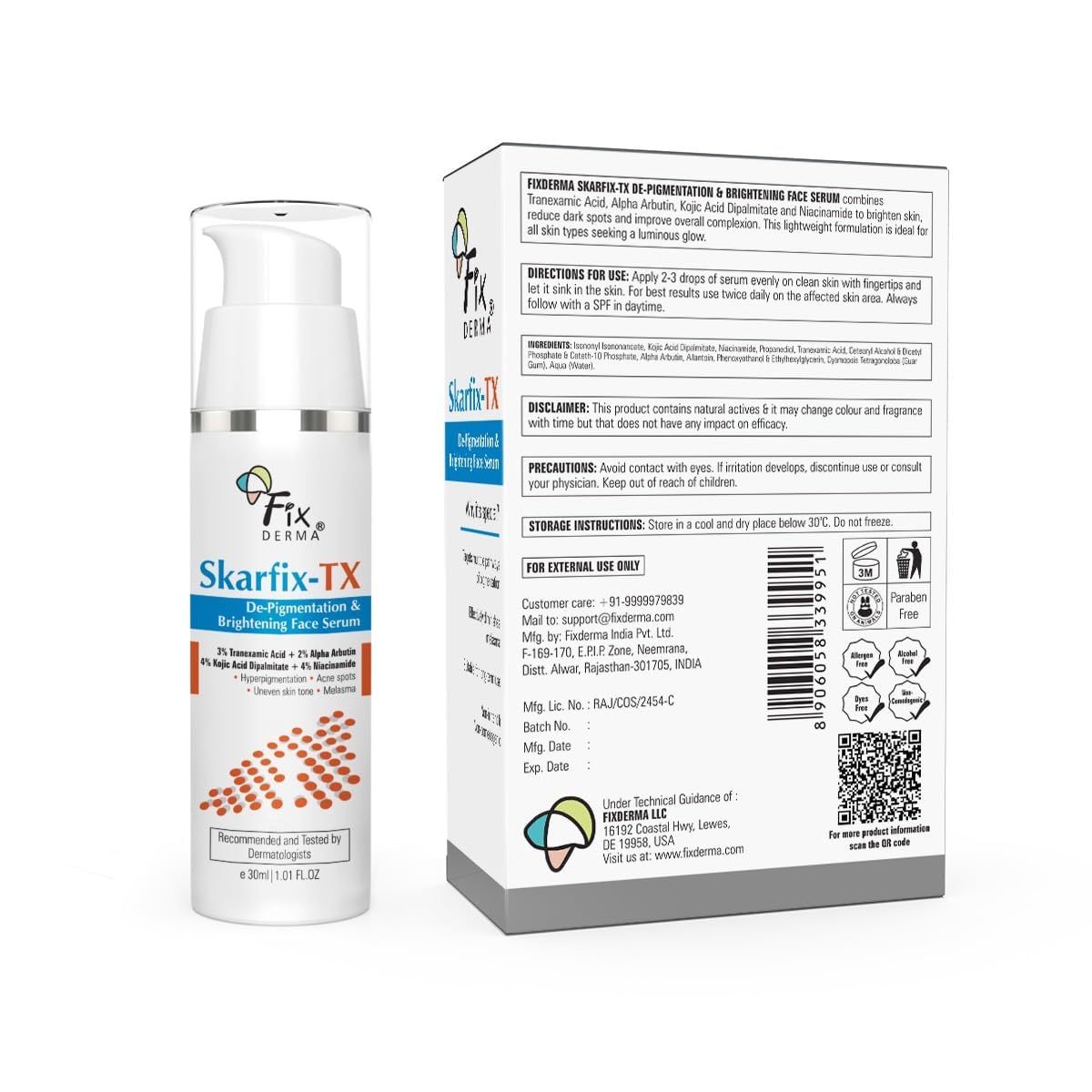 Fixderma Skarfix-TX Face Serum with 4% Kojic Acid, 4% Niacinamide Serum, 3% Tranexamic Acid & 2% Alpha Arbutin | Treats Hyper Pigmentation & Melasma | Reduce Acne Spots | brightening the Skin - 30ml