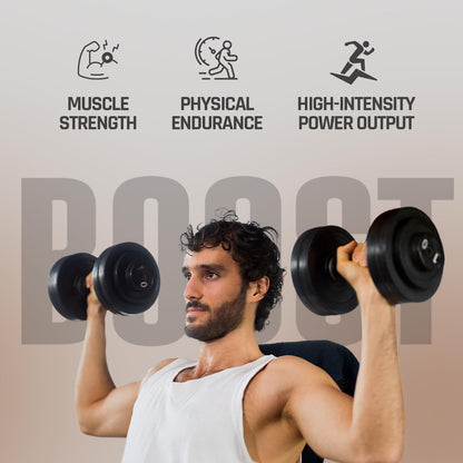 Man lifting dumbbells with fitness icons and text on a beige background
