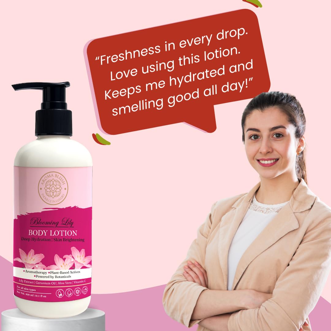 Body lotion bottle with a woman and a quote on a pink background