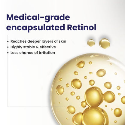 Medical-grade encapsulated Retinol with benefits listed on a white background