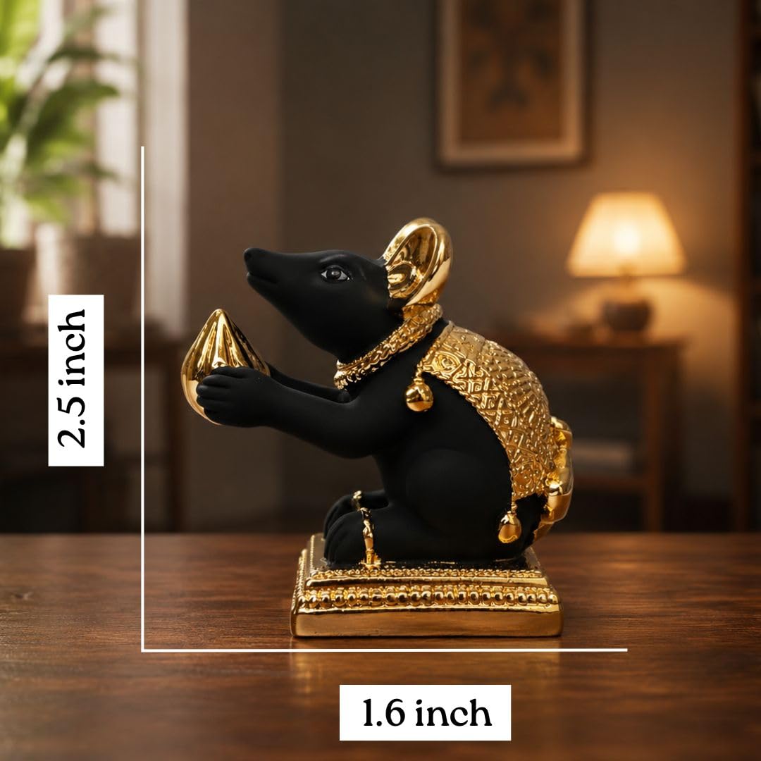 Gold Art India Gold-Plated Mushak (Mooshak) Mouse with Modak | Black Terracotta Finish | Mouse Idol | Vehicle (Vahana) of Lord Ganesha | 2.5 Inch Height | Home Decor, Mandir Pooja Room, Office Desk