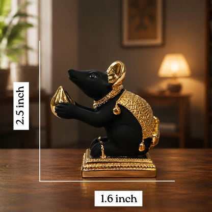 Gold Art India Gold-Plated Mushak (Mooshak) Mouse with Modak | Black Terracotta Finish | Mouse Idol | Vehicle (Vahana) of Lord Ganesha | 2.5 Inch Height | Home Decor, Mandir Pooja Room, Office Desk