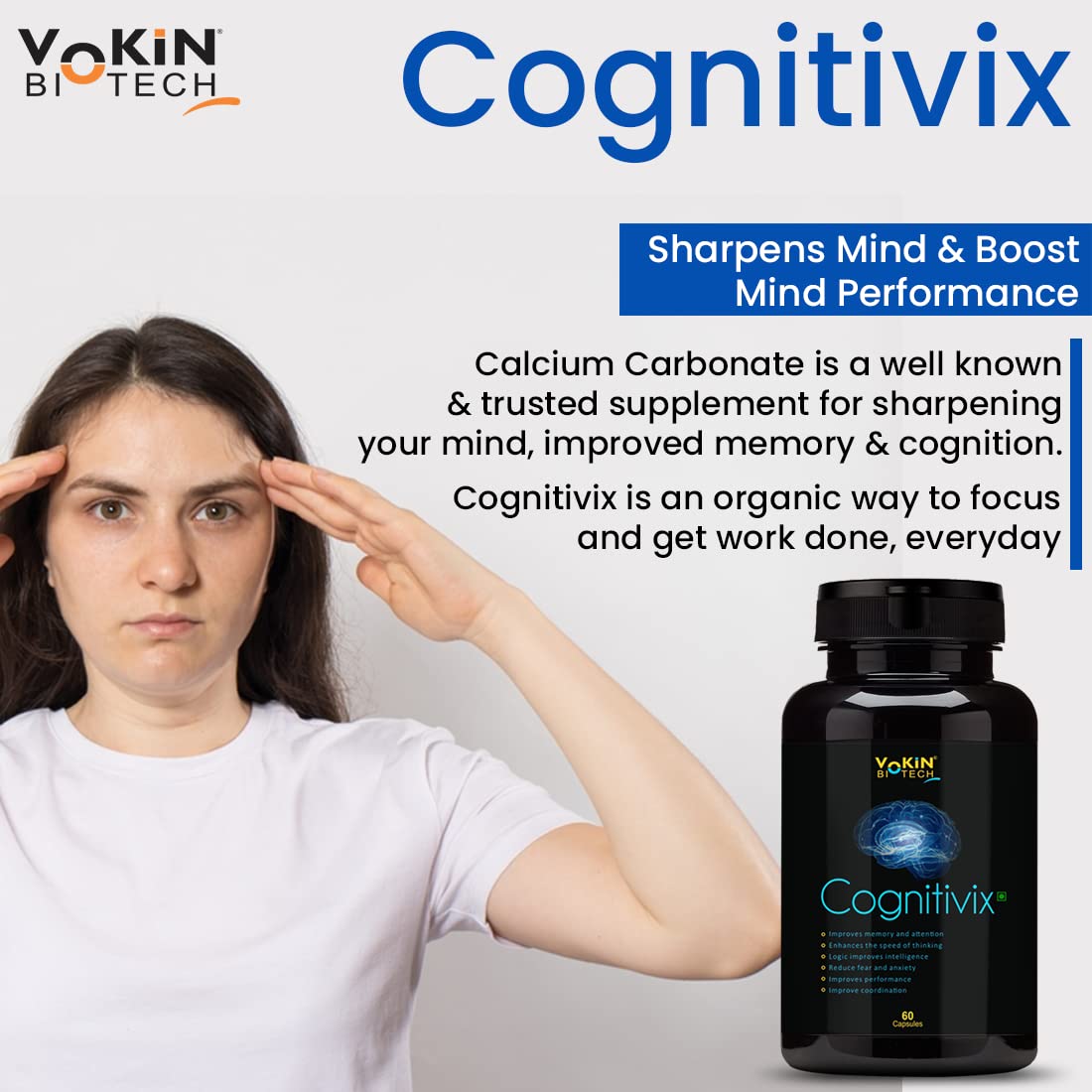 Advertisement for Cognitivix supplement with a woman holding her head and a bottle of the supplement.