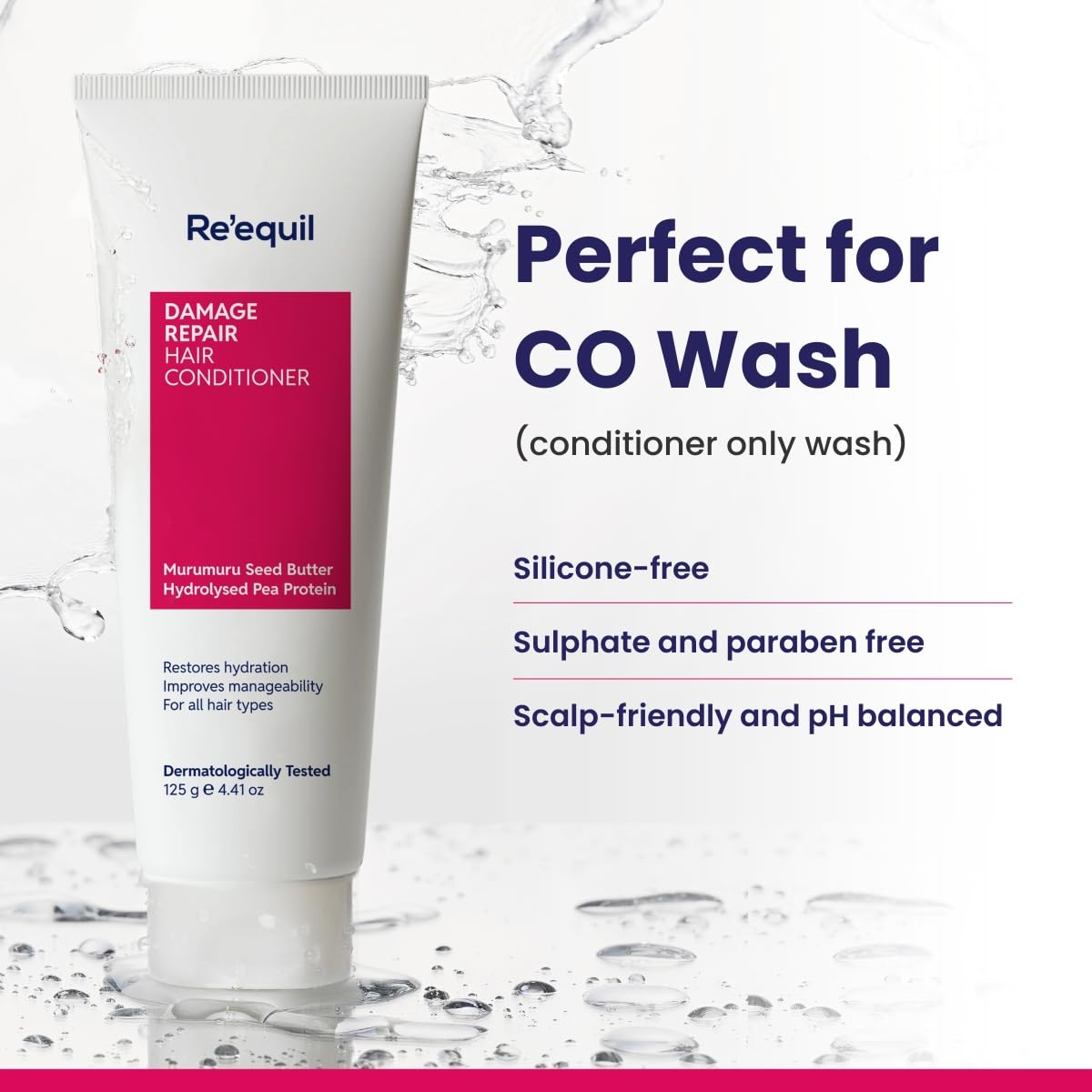 Re'equil damage repair hair conditioner tube with product features on a white background