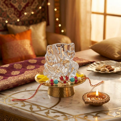 Crystal Ganesha Idol for Home Decor | Ganesh Murti for Home Temple, Car Dashboard & Office Desk | Ganpati Figurine Spiritual Showpiece Sculpture for Gifting | 8x8x5 Cm (Rakhi Combo)