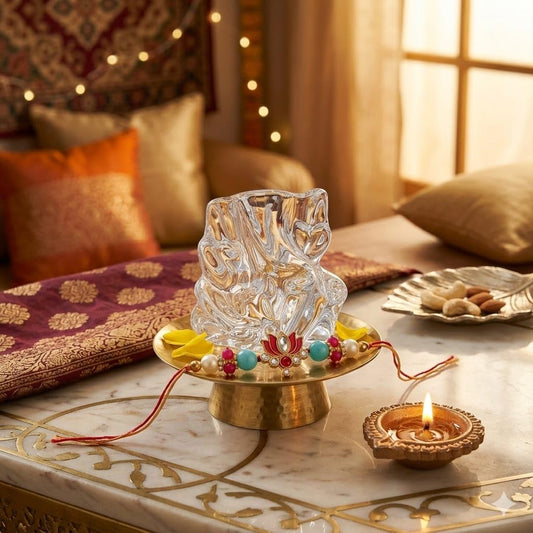 Crystal Ganesha Idol for Home Decor | Ganesh Murti for Home Temple, Car Dashboard & Office Desk | Ganpati Figurine Spiritual Showpiece Sculpture for Gifting | 8x8x5 Cm (Rakhi Combo)