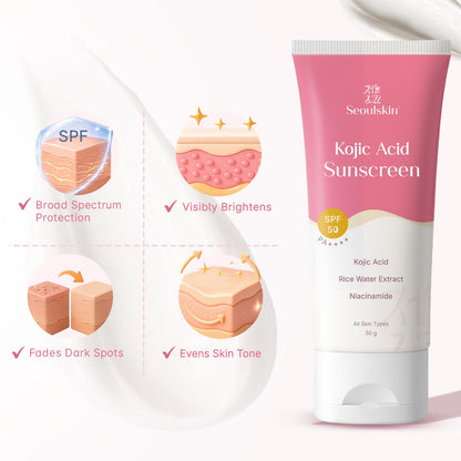 Seoulskin Kojic Acid Sunscreen SPF 50 PA ++++ | Helps Fade Dark Spots & Pigmentation | Non – Sticky & Non- Greasy | No White Cast | Broad Spectrum UVA & UVB Protection | All Skin Types | For Men & Women | Lightweight Korean Sunscreen | 50 g
