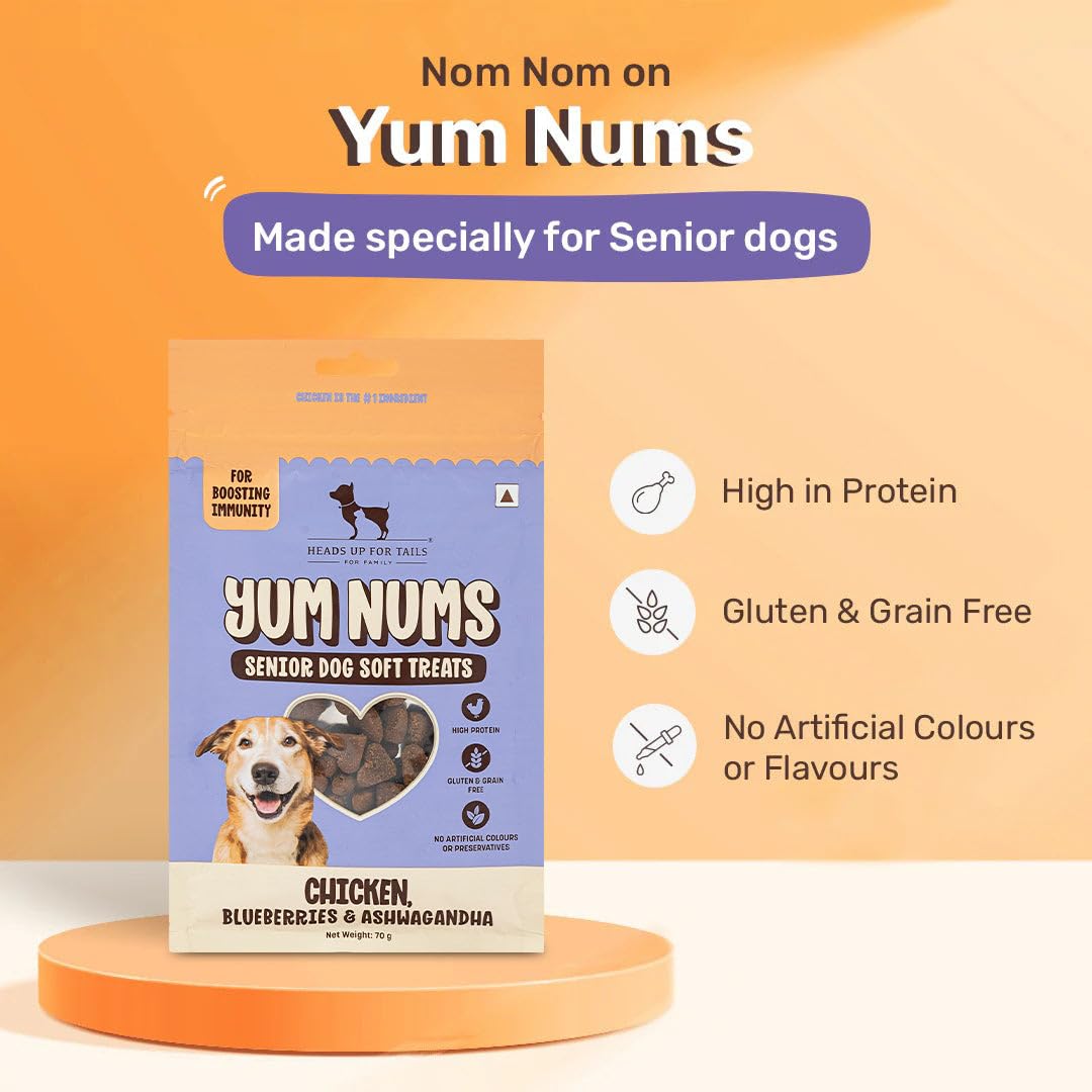 Yum Nums by HUFT Soft & Chewy Sticks - 70 gm | Chicken,Blueberries & Ashwagandha | for Senior Dog | High in Proteins | Gluten & Grain Free | Salt & Sugar Free | No Artificial Colours