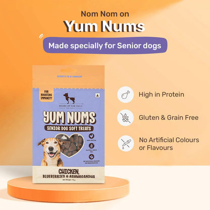 Yum Nums by HUFT Soft & Chewy Sticks - 70 gm | Chicken,Blueberries & Ashwagandha | for Senior Dog | High in Proteins | Gluten & Grain Free | Salt & Sugar Free | No Artificial Colours