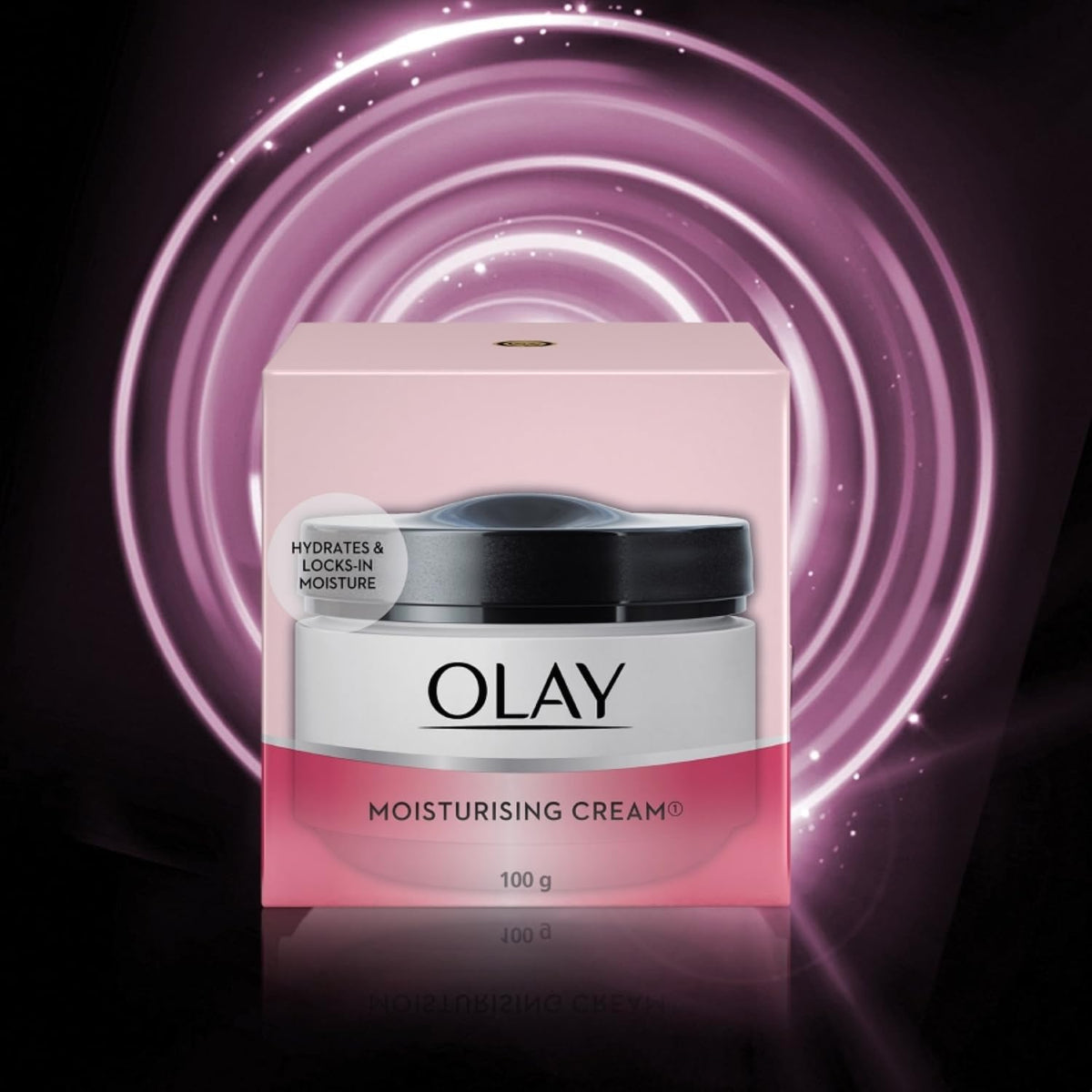 Olay moisturizing cream packaging with a pink and black design on a dark background