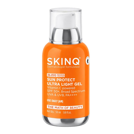SKINQ Sun Protect Ultra Light Gel Sunscreen SPF 50+ PA++++ with Vitamin C | In-Vivo Tested | Zero White Cast | Lightweight, Non-Greasy | For Dry & Sensitive Skin | Dermat Formulated | 50ml