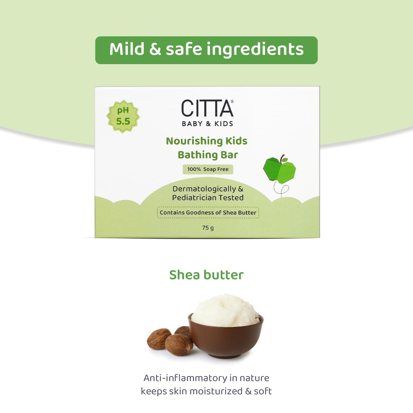 CITTA Bathing Bar for Babies & Kids | Soap-Free, No Tears | Dermatologist Approved pH Balanced Wash for Sensitive Skin | Shea Butter for Soft & Glowing Skin | 75g