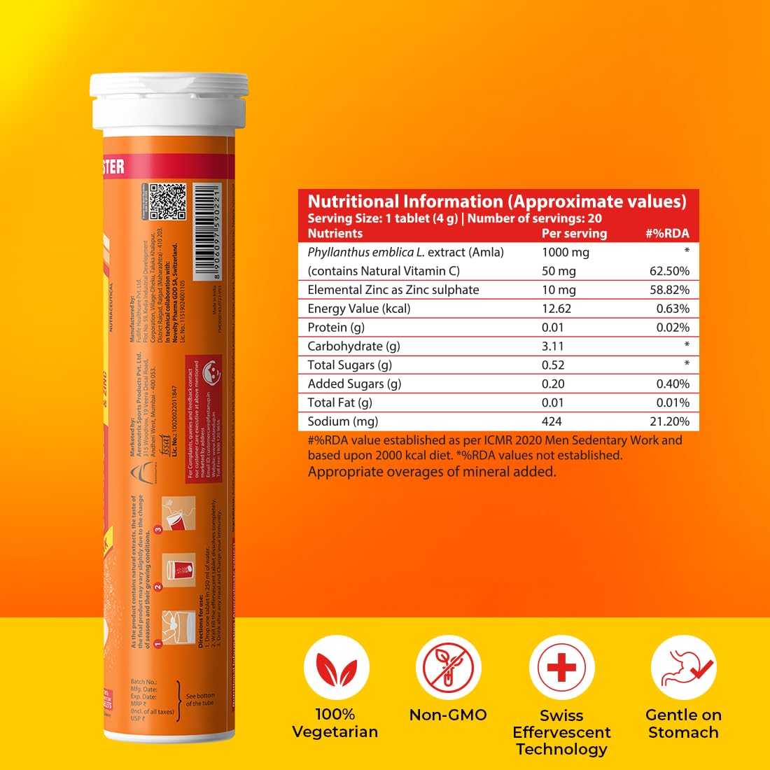 Fast&Up Charge Natural Vitamin C - 60 Effervescent Tablets, Amla Extract + Zinc for Daily Immunity | Helps to boost & Strengthens Collagen for Healthy Skin, Hair & Nails- Orange Flavour