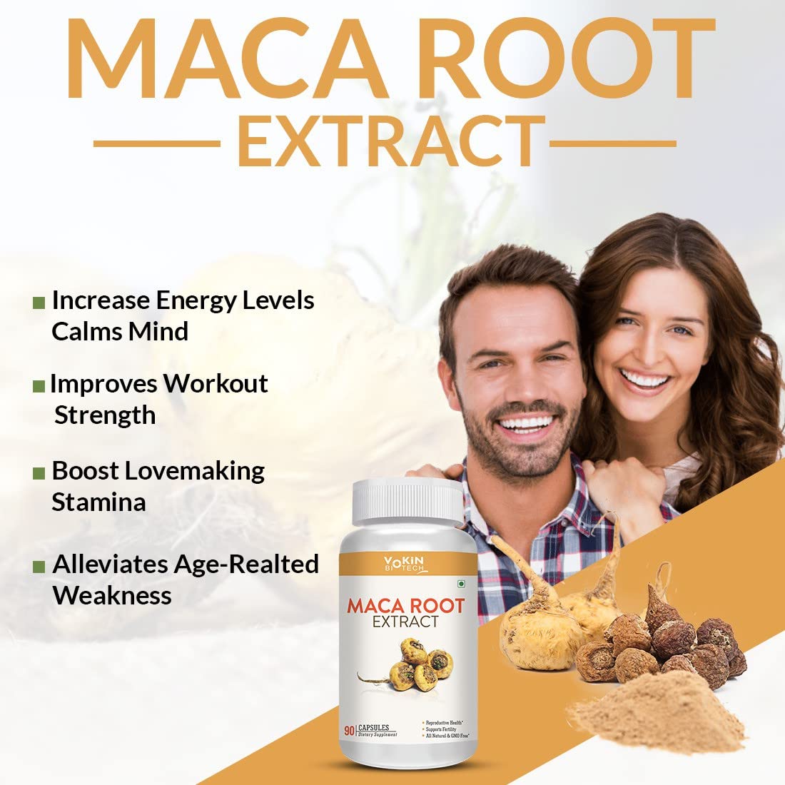 Maca root extract supplement with a man and woman in the background, highlighting its benefits.