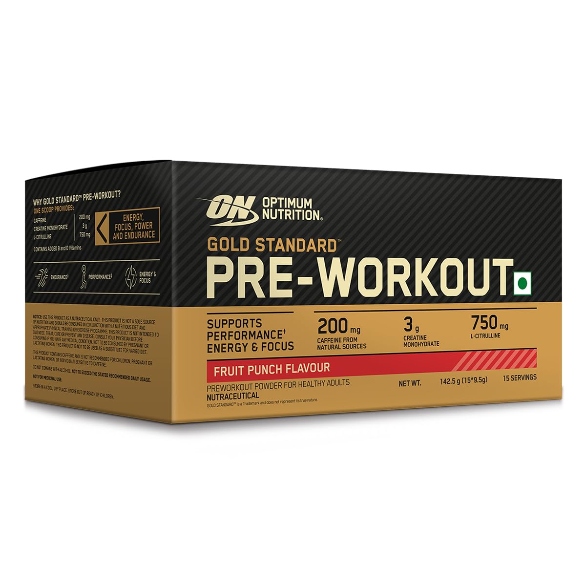 Optimum Nutrition (ON) Gold Standard Pre-Workout- 142.5g/15 single serve packs, For Energy, Focus, Power, Endurance & Performance
