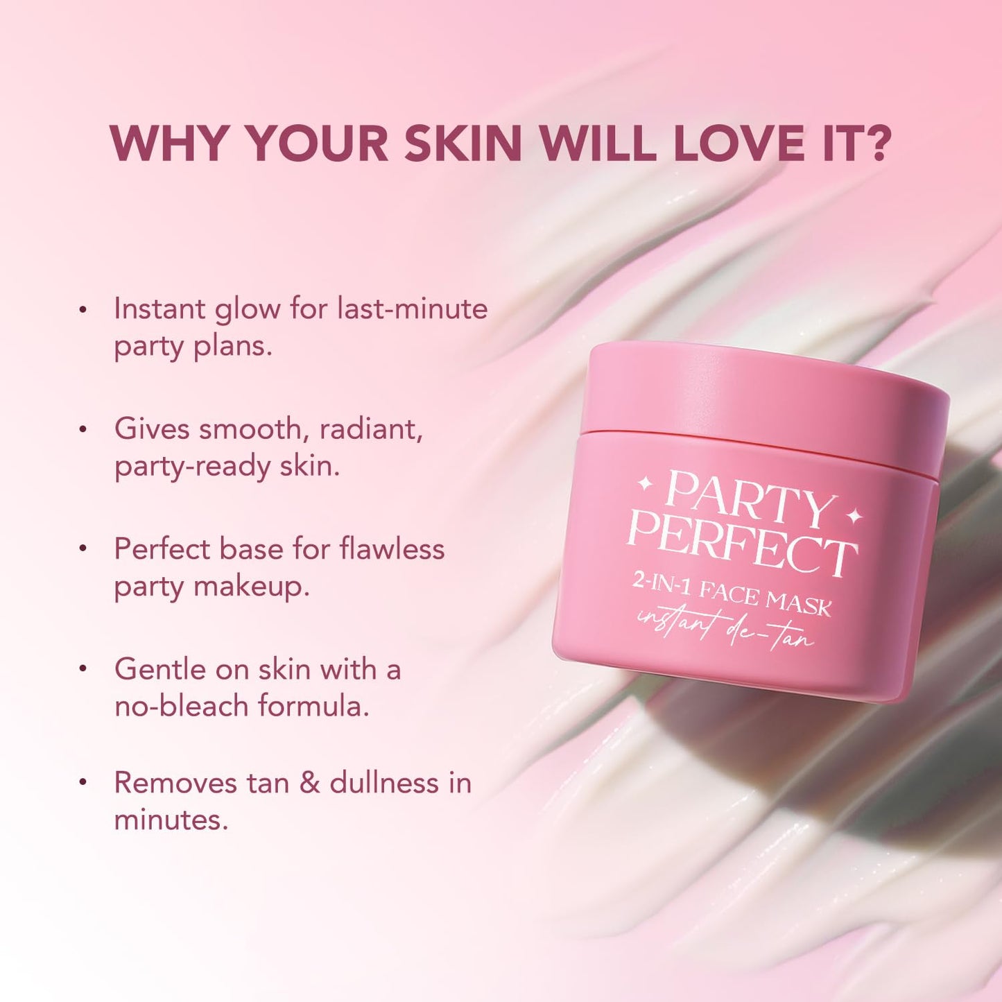 Pink face mask jar labeled 'Party Perfect' with text highlighting benefits on a pink background