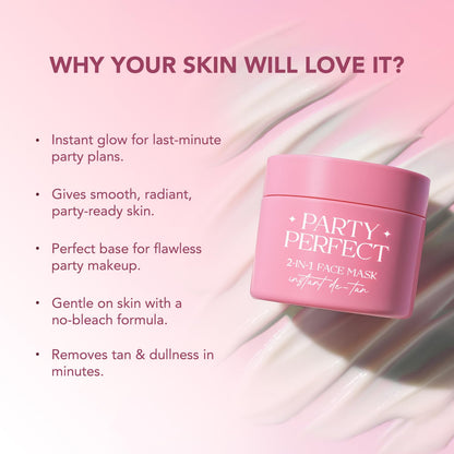 Pink face mask jar labeled 'Party Perfect' with text highlighting benefits on a pink background