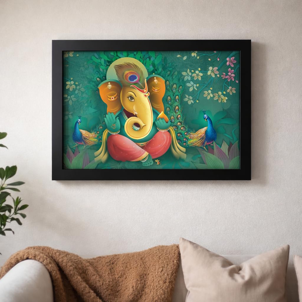 Wood Religious Ganesha Art Framed Ready to Hang Painting (Multicolour, 12inch x 18 inch)