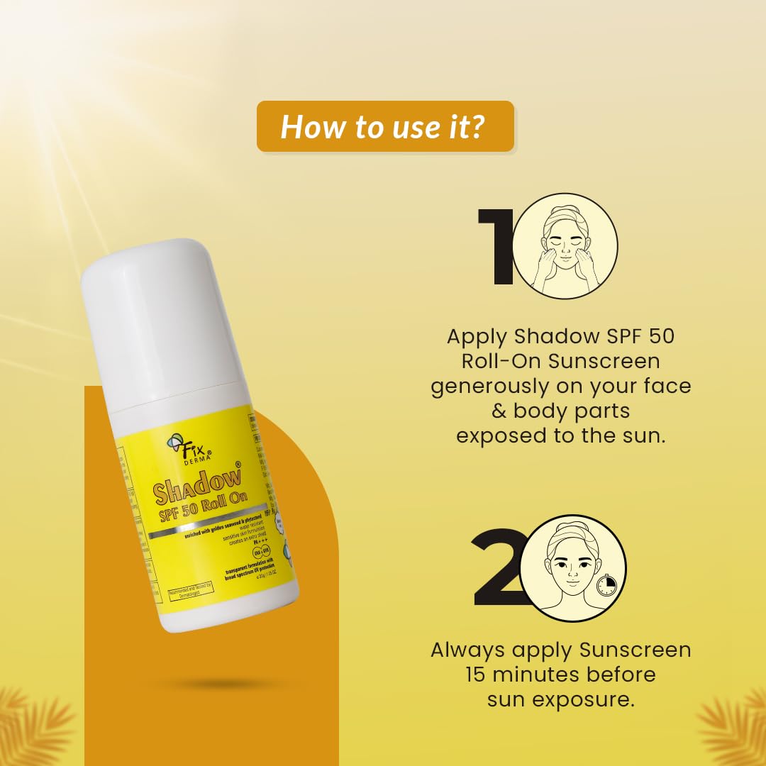 Fixderma Shadow Sunscreen SPF 50 Roll On Pa+++ | Transparent with Broad Spectrum UVA & UVB Protection | Lightweight | Water Resistant | For Sensitive Skin | Sunscreen for Women & Men | 30gm