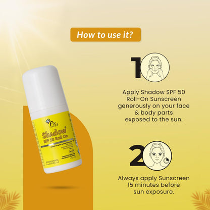 Fixderma Shadow Sunscreen SPF 50 Roll On Pa+++ | Transparent with Broad Spectrum UVA & UVB Protection | Lightweight | Water Resistant | For Sensitive Skin | Sunscreen for Women & Men | 30gm