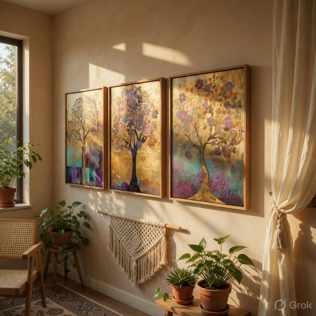 Abstract Tree Wall Painting Set of 3 with Wooden Frames | Modern Golden Tree Artwork HD Sparkle Laminated MDF Wall Decor | Elegant Nature Tree Wall Art for Living Room Bedroom