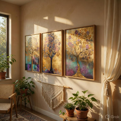 Abstract Tree Wall Painting Set of 3 with Wooden Frames | Modern Golden Tree Artwork HD Sparkle Laminated MDF Wall Decor | Elegant Nature Tree Wall Art for Living Room Bedroom