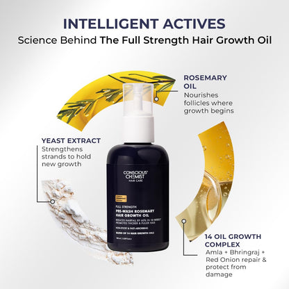 Hair growth oil bottle with labeled ingredients on a white background