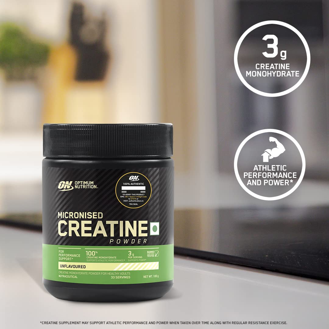 Optimum Nutrition Micronised Creatine Powder container on a kitchen counter