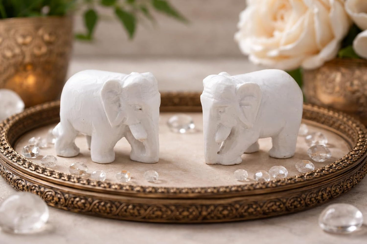 Marble Dust White Elephant Pair | Handmade Elephant Statue | Home Decor Showpiece | Pooja Vastu Feng Shui Lucky Gift Item | 6 cm | Set of 2