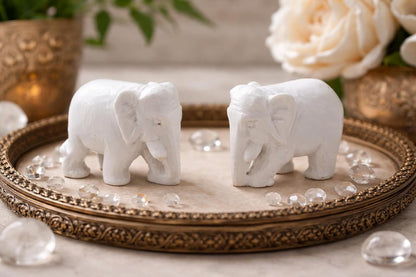 Marble Dust White Elephant Pair | Handmade Elephant Statue | Home Decor Showpiece | Pooja Vastu Feng Shui Lucky Gift Item | 6 cm | Set of 2