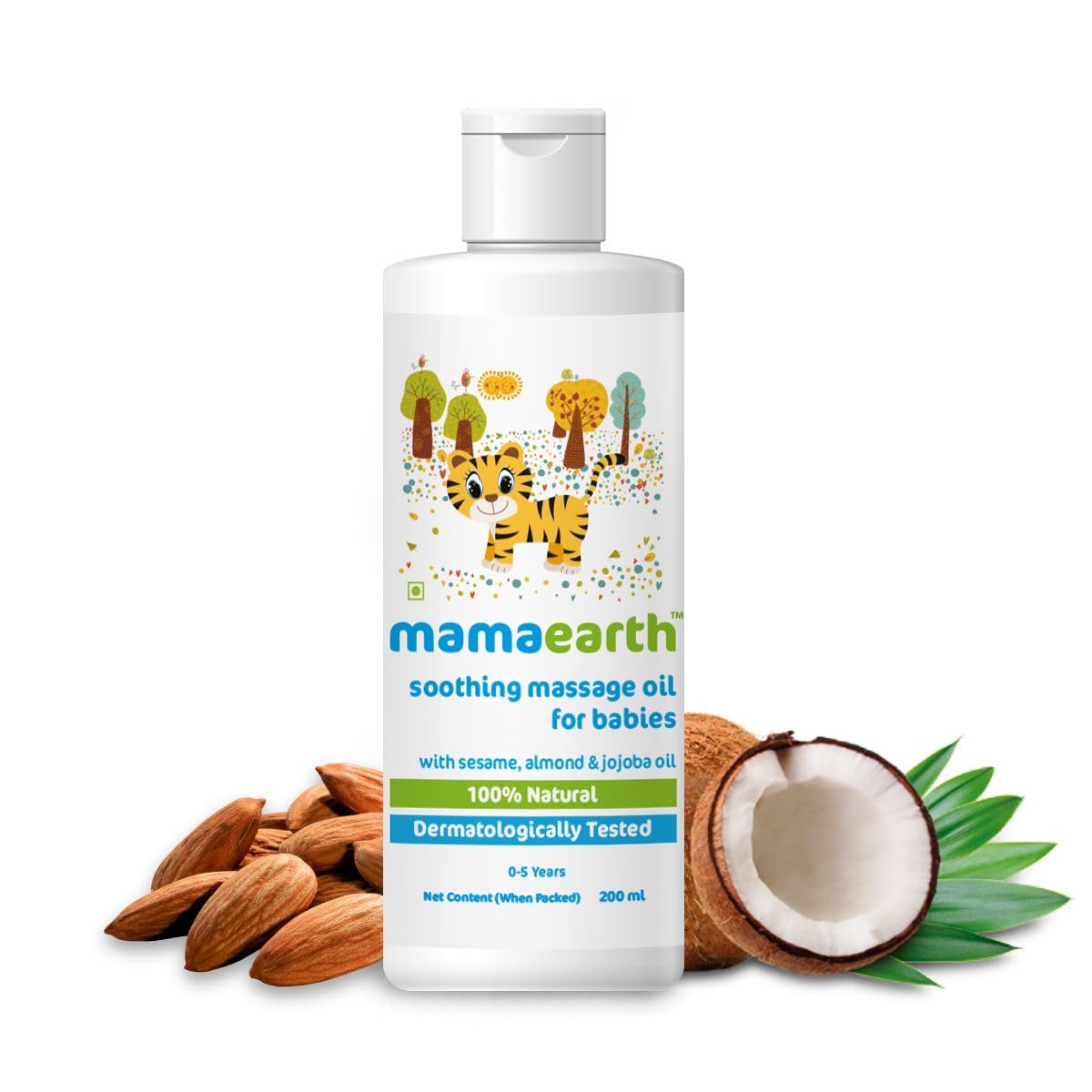 Mamaearth soothing massage oil bottle with ingredients on a white background