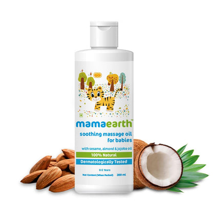 Mamaearth soothing massage oil bottle with ingredients on a white background