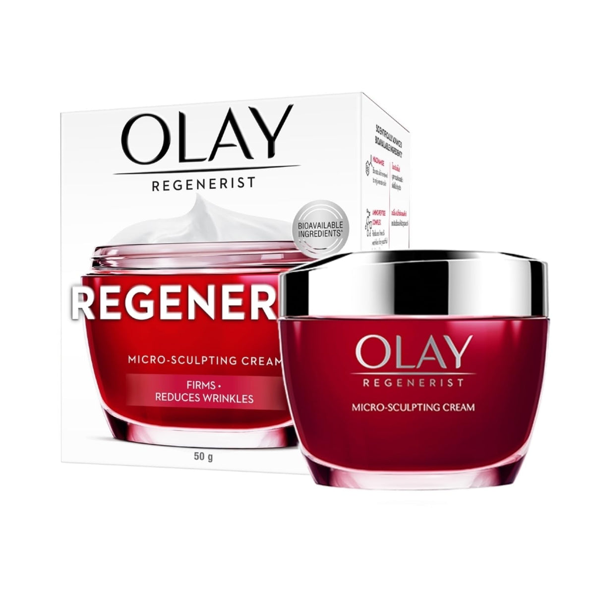 Olay Regenerist micro-sculpting cream jar and packaging on a white background