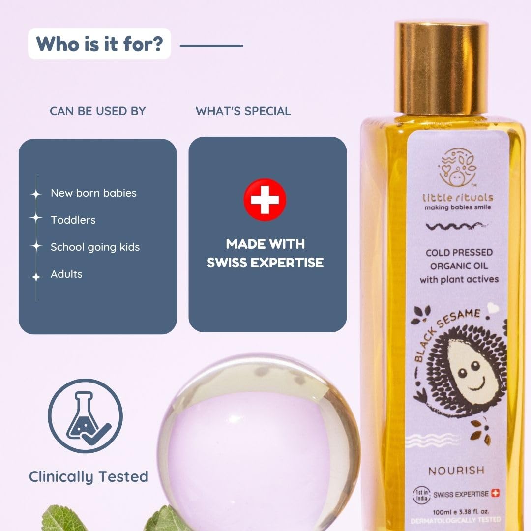 Little Rituals BLACK SESAME Baby Massage Oil and Hair oil, Cold Pressed and Certified ORGANIC with SWISS Plant Actives. Dermatologist Tested by Pediatrics, Mild & Gentle & Safe (100 ML)