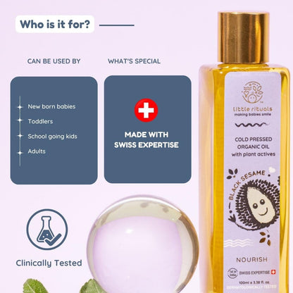 Little Rituals BLACK SESAME Baby Massage Oil and Hair oil, Cold Pressed and Certified ORGANIC with SWISS Plant Actives. Dermatologist Tested by Pediatrics, Mild & Gentle & Safe (100 ML)