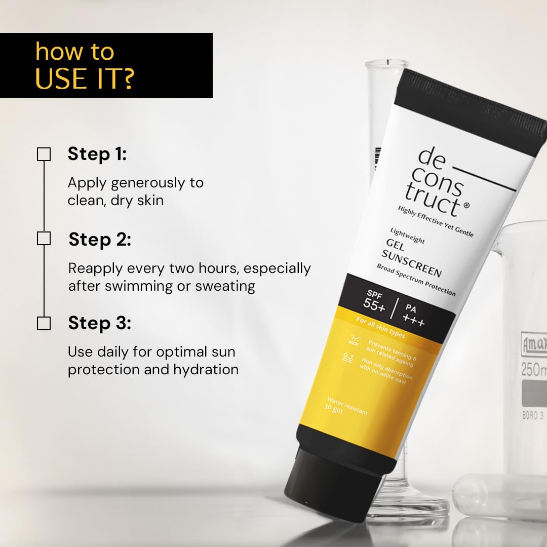 Sunscreen tube with application instructions on a white background