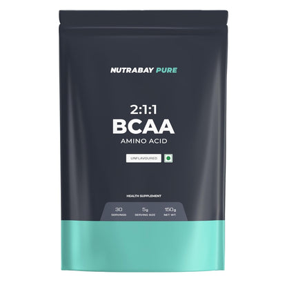 Nutrabay Pure BCAA amino acid supplement package on a white background
