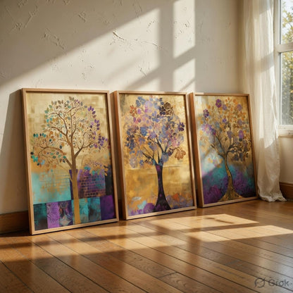 Abstract Tree Wall Painting Set of 3 with Wooden Frames | Modern Golden Tree Artwork HD Sparkle Laminated MDF Wall Decor | Elegant Nature Tree Wall Art for Living Room Bedroom
