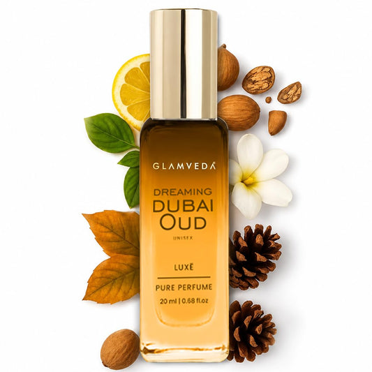 Glamveda Dreaming Dubai Oud Luxury Pure Perfume for Men & Women | Long-Lasting Unisex Fragrance with Lavender, Pink Pepper, Caramel & Guaiacwood Notes | Floral & Woody Perfume | 20ml