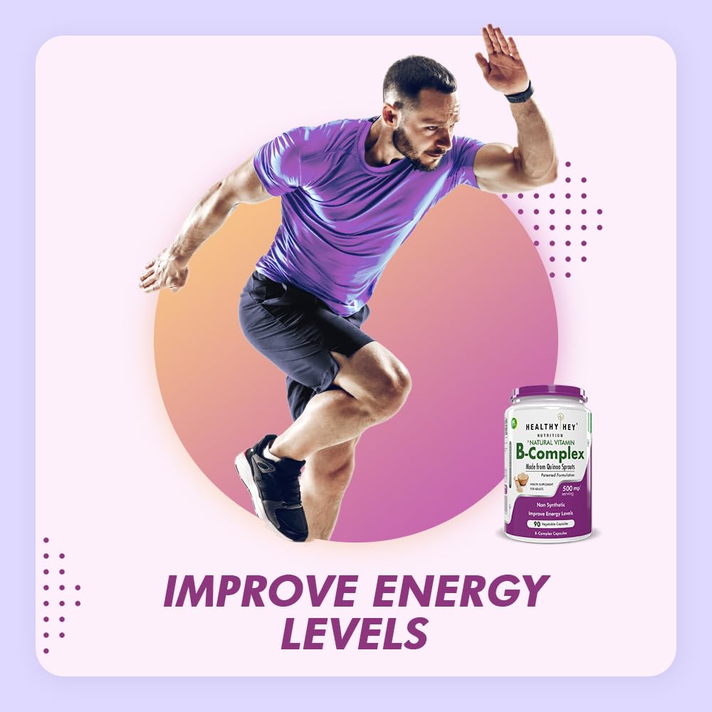 Man in athletic wear running with a supplement bottle labeled 'B-Complex' on a gradient background.