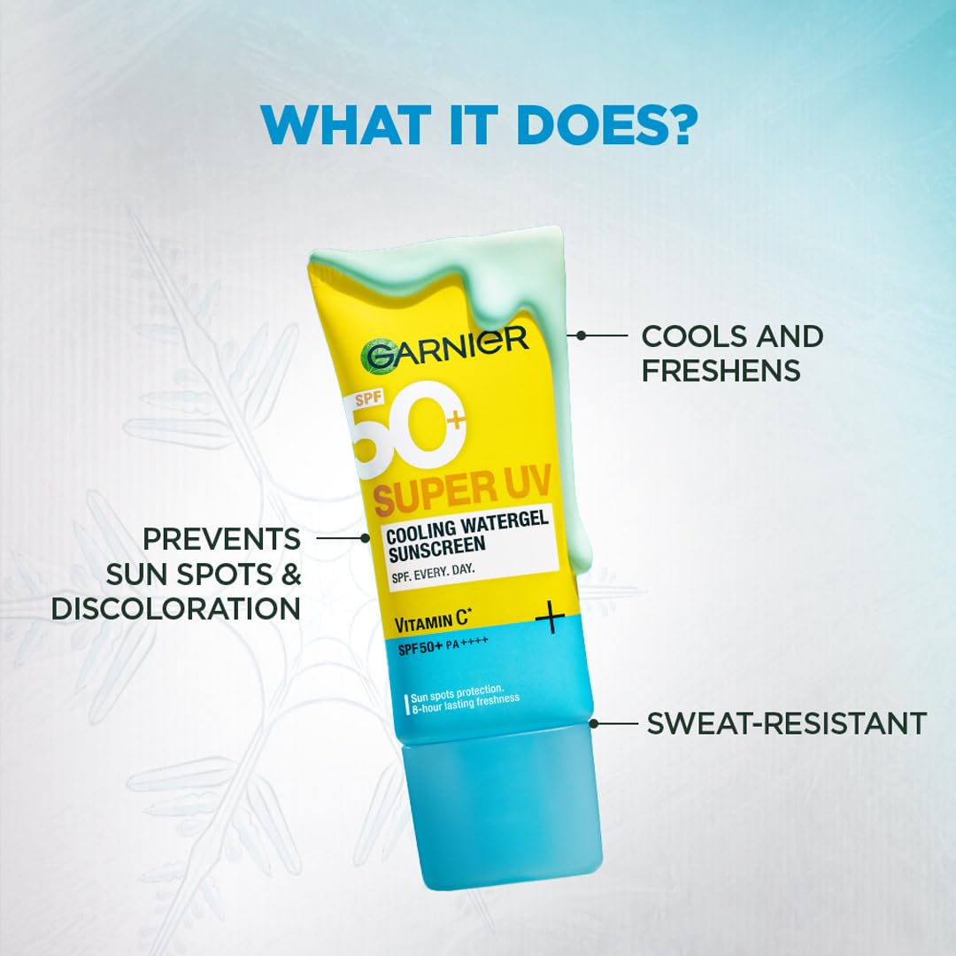 Garnier Super UV sunscreen tube with features listed on a light blue background