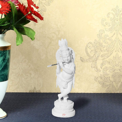 Handicrafts Paradise Resin Carved Krishna Playing Flute White Marble Finish 8 Inch Figurine
