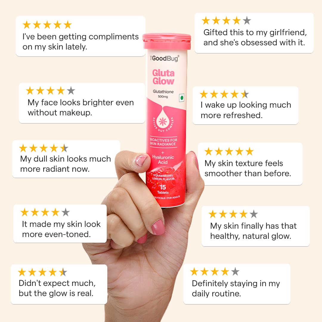 The Good Bug Gluta Glow Effervescent Tablets for Radiant Skin - 15 Tablets (Pack of 15 x 1) | L-Glutathione, Vitamin C, Lycopene For Skin Glow & Anti-Pigmentation | Strawberry Lemon|No Added Sugar