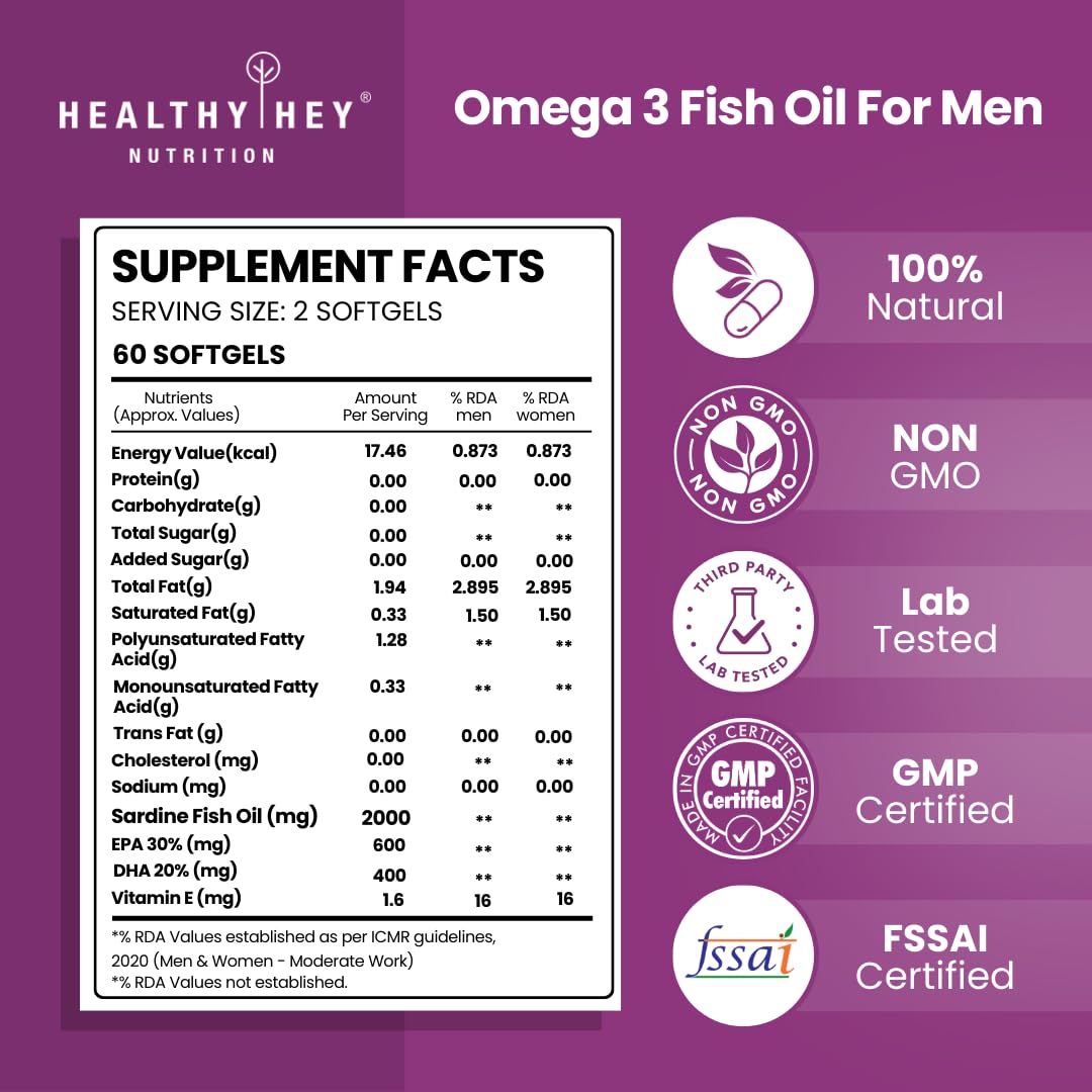 Omega 3 Fish Oil supplement facts and certification logos on a purple background